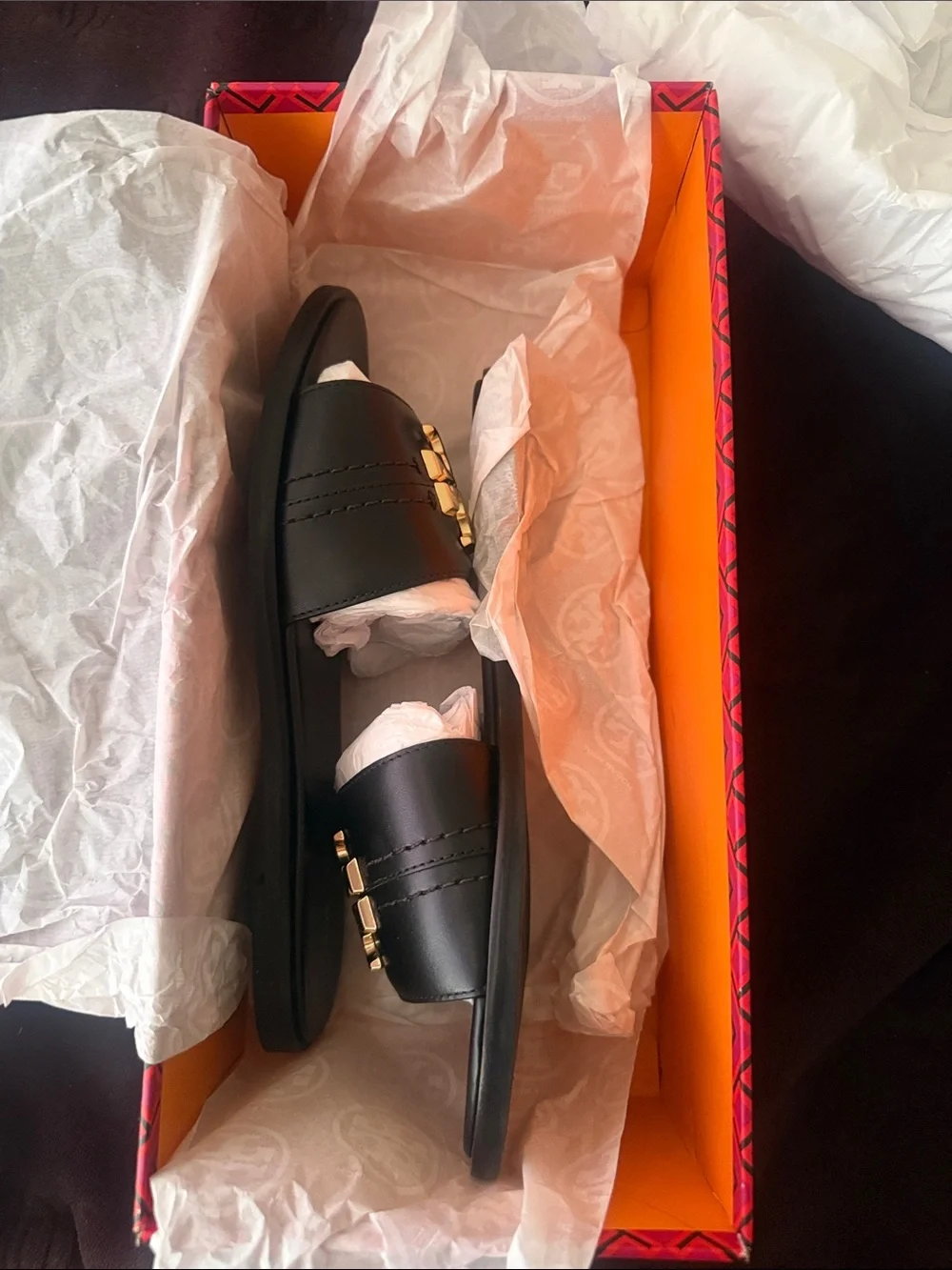 Tory Burch Black Leather Slide Sandals with Gold Hardware